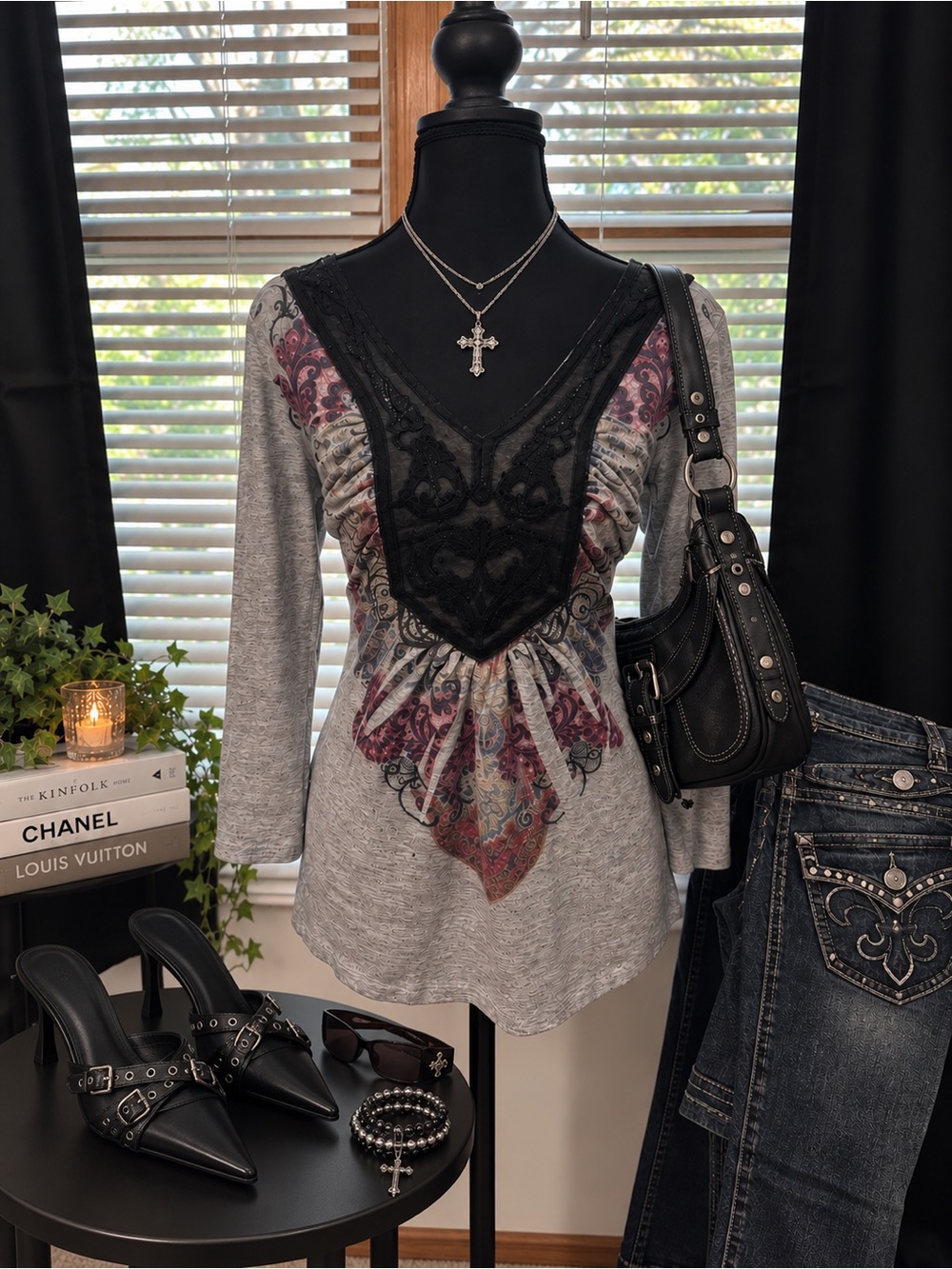 Y2K Vintage Paisley Lace Tunic Top Gray Burgundy Long Sleeve Gothic Boho Grunge